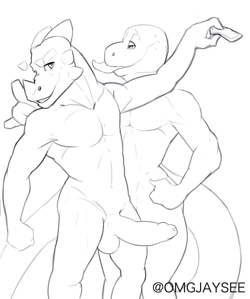 anthro balls dinosaur duo erection gecko humanoid_penis jaysee lizard looking_at_viewer male monochrome nude penis reptile scalie smile standing uncut