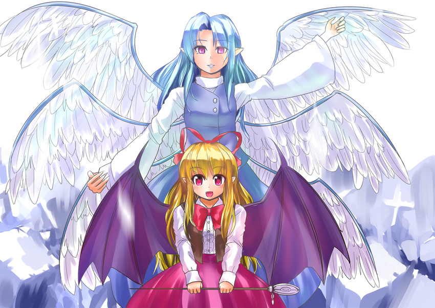 :d arm_up bad_id bad_pixiv_id bat_wings blonde_hair blue_hair blush bow culter elis_(touhou) fang grin highres lips long_hair multiple_girls multiple_wings open_mouth pink_eyes pointy_ears purple_eyes sariel skirt smile staff touhou touhou_(pc-98) turtleneck very_long_hair vest weapon wings