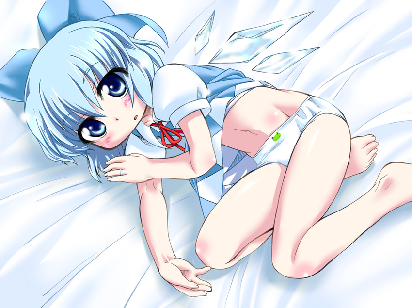 barefoot blue_eyes blue_hair bow cirno hair_bow jewelry marusuke panties ring short_hair solo touhou underwear wings