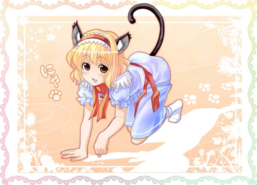 :3 alice_margatroid all_fours animal_ears blonde_hair blue_eyes brown_eyes capelet cat_ears cat_tail hairband kemonomimi_mode nyan paw_print sakino_shingetsu short_hair socks solo tail touhou