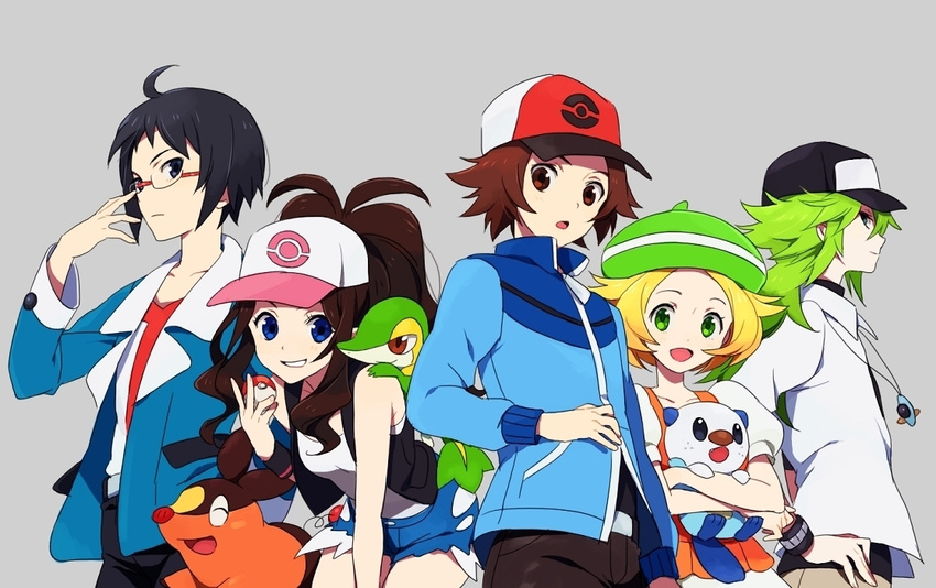 3boys adjusting_eyewear bad_id bad_pixiv_id baseball_cap bel_(pokemon) black_hair blazer blonde_hair brown_hair cheren_(pokemon) denim denim_shorts gen_5_pokemon glasses green_hair grin hat hirosuke_(psychexx) jacket multiple_boys multiple_girls n_(pokemon) oshawott poke_ball pokemon pokemon_(creature) pokemon_(game) pokemon_bw ponytail shorts smile snivy tepig touko_(pokemon) touya_(pokemon) v vest