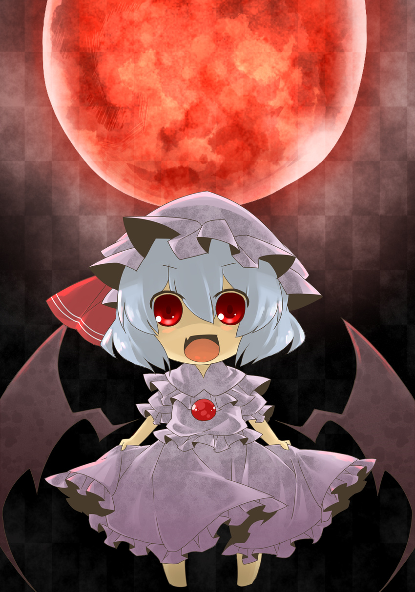 bad_id bad_pixiv_id bat_wings blue_hair chibi eiri_(eirri) fang hat highres moon red_eyes red_moon remilia_scarlet solo touhou wings