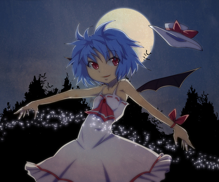 bat_wings blue_hair hagure_mono hat moon red_eyes remilia_scarlet short_hair solo touhou wings