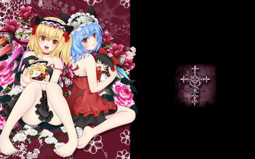 alternate_costume bad_feet bad_id bad_pixiv_id bare_shoulders barefoot bat_wings blonde_hair blue_hair character_doll doll flandre_scarlet floral_print flower hakurei_reimu highres kirisame_marisa legs multiple_girls nekokotei ponytail red_eyes remilia_scarlet short_hair side_ponytail sitting touhou wallpaper wings