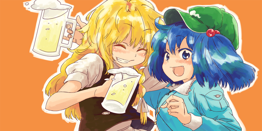 alcohol bad_id bad_pixiv_id beer blonde_hair blue_eyes blue_hair grin hair_bobbles hair_ornament kawashiro_nitori kirisame_marisa matsutani multiple_girls sketch smile touhou two_side_up