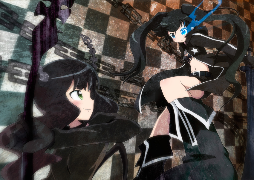 bad_id bad_pixiv_id bikini_top black_hair black_rock_shooter black_rock_shooter_(character) blue_eyes boots burning_eye chain coat dead_master green_eyes highres horns long_hair massala midriff multiple_girls navel scar shorts smile twintails