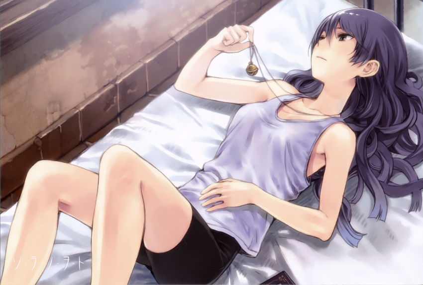 bare_shoulders bed bell bike_shorts breasts camisole closed_mouth highres indoors jewelry kazumiya_rio kishida_mel long_hair looking_away lying medium_breasts necklace on_back on_bed pendant shirt solo sora_no_woto white_shirt