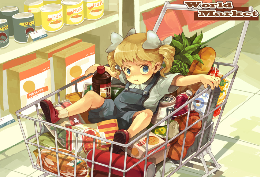 :t bad_id bad_pixiv_id blonde_hair blue_eyes bottle bow bread cabbage can child food frown fruit hair_bow highres holding inzup milk orange original outstretched_arms overalls shelf shoes shopping shopping_cart sitting solo spread_arms supermarket twintails vegetable