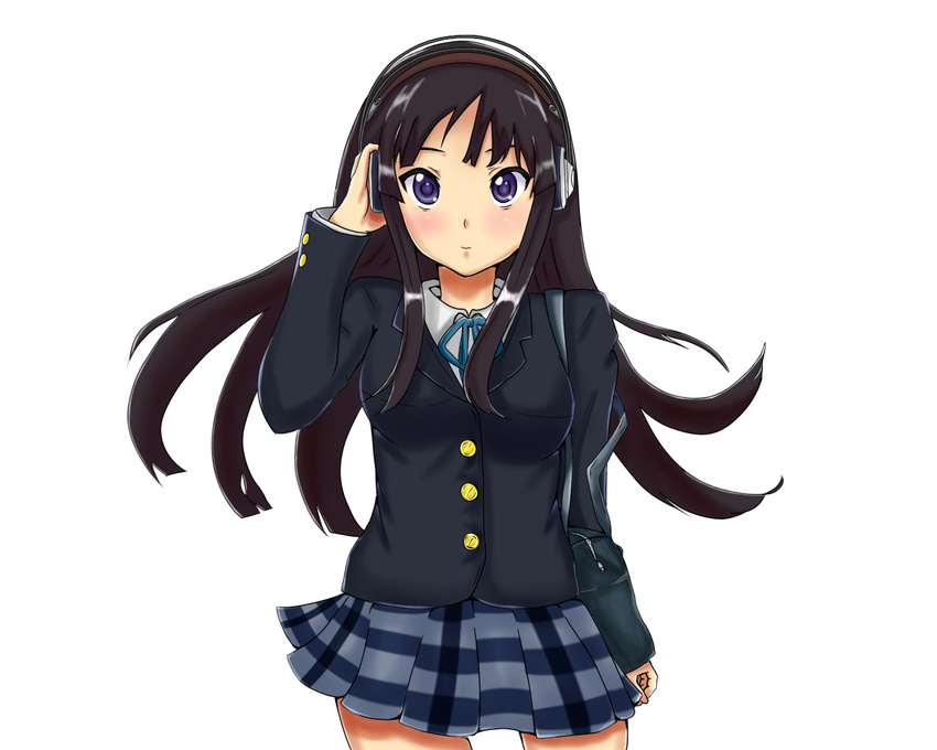 akg akiyama_mio black_eyes black_hair headphones jam-g k-on! long_hair school_uniform simple_background solo white_background