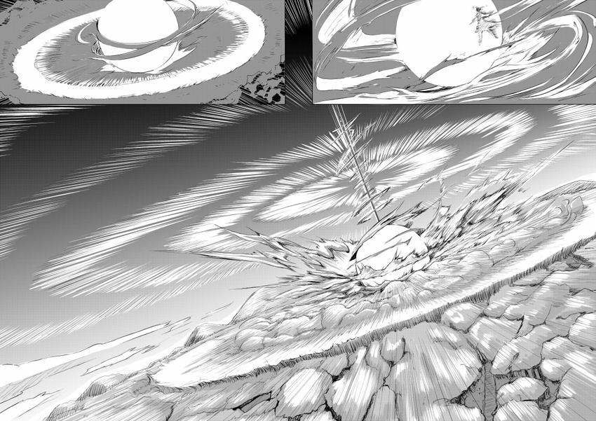 copyright_request explosion greyscale gustav_(telomere_na) monochrome no_humans silent_comic