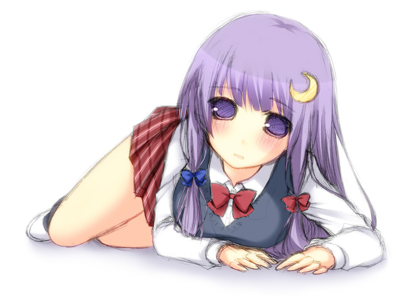 alternate_costume bad_id bad_pixiv_id blush bow crescent crescent_hair_ornament hair_ornament hair_ribbon kabata_(mechisan) long_hair long_sleeves looking_at_viewer lying no_hat no_headwear on_stomach patchouli_knowledge pleated_skirt purple_eyes purple_hair ribbon school_uniform simple_background sketch skirt solo touhou vest