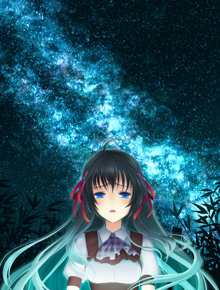 ahoge bad_id bad_pixiv_id bamboo bangs black_hair blue_eyes blue_hair flower glowing gradient_hair hair_flower hair_ornament hair_ribbon highres long_hair multicolored_hair night open_mouth original ouka_mai outdoors plaid red_ribbon ribbon short_sleeves silhouette sky solo star_(sky) starry_sky tanabata