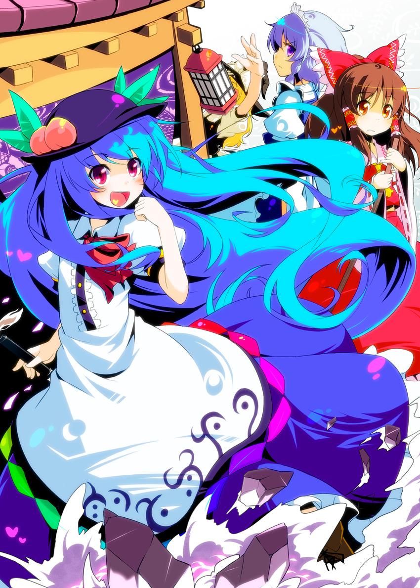 :d blonde_hair blue_hair bow braid brown_eyes brown_hair detached_sleeves food fruit hair_bow hakurei_reimu hat heart heart_in_mouth highres hinanawi_tenshi izayoi_sakuya kirisame_marisa long_hair maid_headdress md5_mismatch multiple_girls open_mouth peach purple_eyes red_eyes short_hair silver_hair smile sw sword sword_of_hisou touhou weapon witch_hat