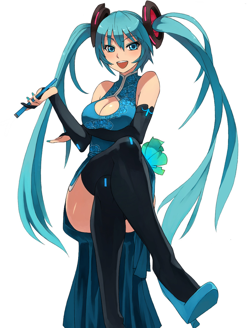 aqua_eyes aqua_hair aqua_nails bare_shoulders breast_hold breasts bridal_gauntlets china_dress chinese_clothes cleavage cleavage_cutout crossed_legs dress eyeshadow fan hatsune_miku high_heels highres large_breasts legs long_hair makeup nail_polish open_mouth penguin_caee shoes sitting smile solo thighhighs twintails very_long_hair vocaloid