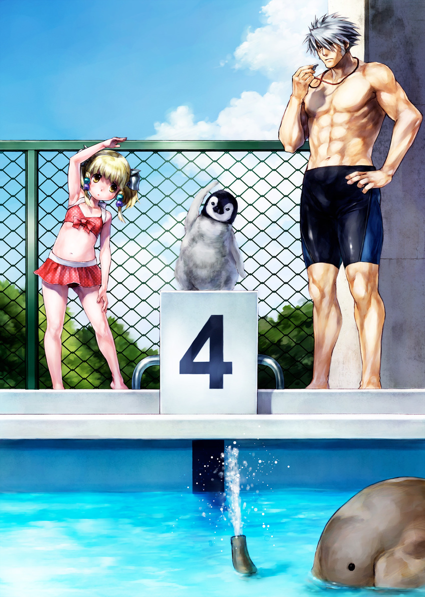 1girl age_difference bike_shorts bikini bird elephant hand_on_hip highres irui_guneden nakamura_kanko penguin pool sanger_zonvolt starting_block stretch super_robot_wars swimsuit whistle