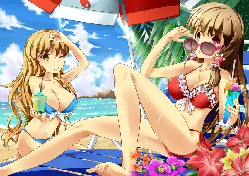 adjusting_eyewear bad_id bad_pixiv_id barefoot beach beach_umbrella bikini blonde_hair blue_hawaii breasts brown_hair chair cleavage day drink flower frilled_bikini frills front-tie_top grin hakurei_reimu hibiscus kirisame_marisa large_breasts long_hair lounge_chair multiple_girls navel onaka_sukisuki one_eye_closed perky_breasts red_eyes ribbon-trimmed_bikini shaved_ice shiny shiny_skin side-tie_bikini sitting smile spoon sunglasses swimsuit touhou tropical_drink umbrella