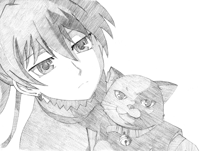 bad_id bad_pixiv_id bell bell_collar black_cat cat charcoal_(medium) collar darker_than_black face greyscale mao_(darker_than_black) monochrome ryuuryuu solo traditional_media yin