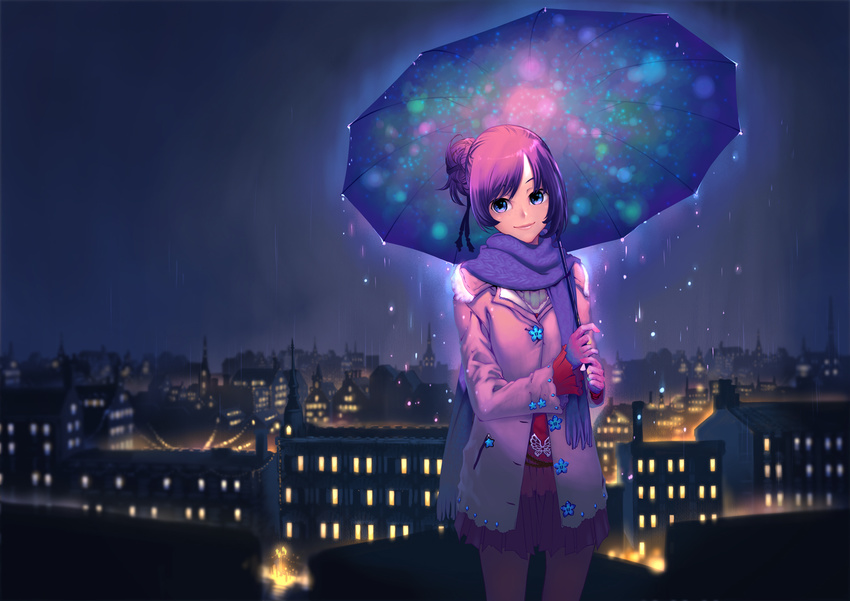 blue_eyes building cityscape coat lights lips night night_sky original pantyhose purple_hair rain scarf scenery sky smile solo standing star_(sky) starnlei starry_sky umbrella