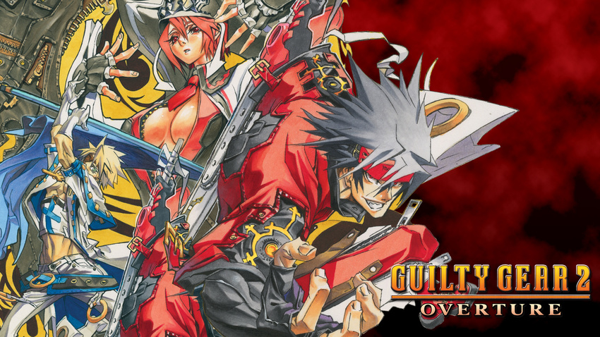 2boys black_hair blonde_hair blue_eyes breasts cleavage cleavage_cutout eyepatch fingerless_gloves flag gloves grin guilty_gear guilty_gear_2 headband highres huge_breasts ishiwatari_daisuke multiple_boys official_art red_eyes red_hair sin_kiske smile sol_badguy spiked_hair sword valentine_(guilty_gear) wallpaper weapon zipper