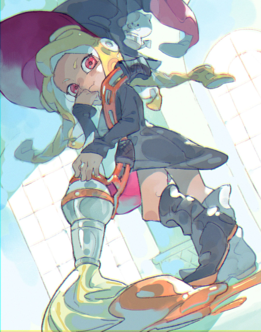 1girl black_dress black_footwear black_hat blonde_hair blue_sky boots cat closed_mouth cloud cloudy_sky commentary_request dress from_side hat heel_up highres holding holding_weapon inkbrush_(splatoon) kojajji-kun_(splatoon) light_blush long_hair long_sleeves looking_at_viewer looking_back makeup mascara octoling outdoors paint_splatter pointy_ears red_eyes short_dress sky smile solo splatoon splatoon_(series) splatoon_2 standing taroji tentacle_hair weapon witch_hat