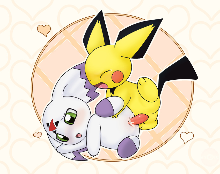 blush calumon crossover cub cum digimon female male nintendo penis pichu plain_background pok&#233;mon pokemon pussy sex straight tricksta video_games white_background young