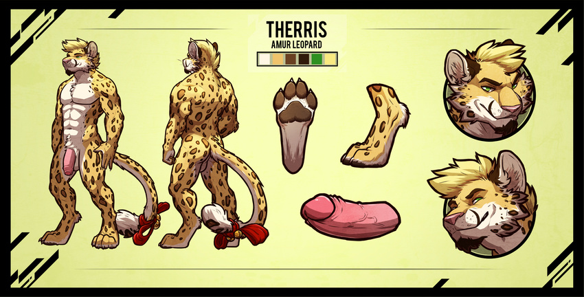2017 4_toes abs amur_leopard anthro back_muscles balls barefoot bell biped black_border blonde_hair border brown_fur brown_pawpads brown_spots brown_tail cheek_tuft chest_tuft claws color_swatch digital_media_(artwork) digitigrade erection eyebrows feline flaccid fur green_eyes hair hi_res humanoid_penis leopard leopard_spots long_tail looking_at_viewer male mammal model_sheet multicolored_fur multicolored_tail multiple_angles muscular muscular_male nude pawpads paws pecs penis pink_nose pink_penis retracted_foreskin ribbons short_hair simple_background smile smirk solo sorakirbys spots spotted_fur spotted_tail standing tail_bow tail_ribbon therris toe_claws toes tuft uncut vein veiny_penis white_balls white_claws white_fur white_tail yellow_background yellow_fur yellow_tail