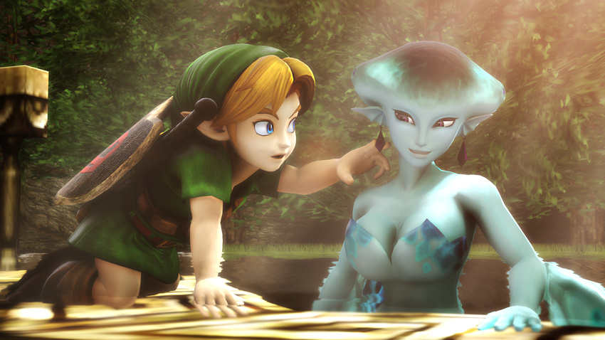 1boy 1girl 3d all_fours artist_request bare_shoulders blonde_hair blue_eyes breasts cleavage couple earrings eye_contact green_clothes hat hetero interspecies jewelry lake large_breasts link looking_at_another nintendo open_mouth princess_ruto purple_eyes short_hair smile strapless the_legend_of_zelda the_legend_of_zelda:_ocarina_of_time water young_link zelda_musou zora