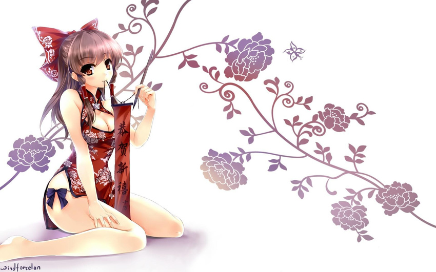 black_bow bow breasts brown_eyes brown_hair china_dress chinese_clothes cleavage cleavage_cutout dress eyebrows_visible_through_hair hair_bow hakurei_reimu highres long_hair looking_at_viewer medium_breasts mouth_hold panties red_bow red_dress short_dress side-tie_panties signature simple_background sitting solo touhou underwear white_background windforcelan