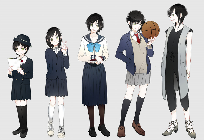 age_progression basketball black_hair black_legwear book cardigan commentary hat highres long_skirt looking_at_viewer necktie original pantyhose pleated_skirt red_neckwear school_uniform serafuku short_hair skirt smile sofy v yashiro_iko yellow_eyes