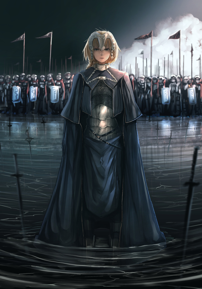 6+boys absurdres anonamos armor armored_dress belt blonde_hair braid brown_eyes cape cloud fate/apocrypha fate/grand_order fate_(series) frown headpiece highres jeanne_d'arc_(fate) jeanne_d'arc_(fate)_(all) lance long_hair multiple_boys partially_submerged pennant polearm ripples shield sword water weapon