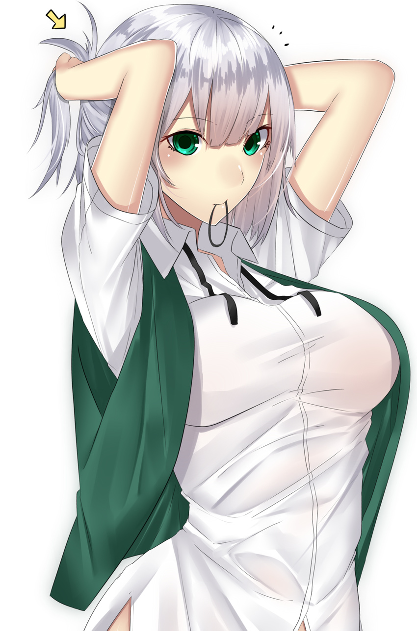 adjusting_hair arms_up bangs breasts collared_shirt commentary_request dress_shirt eyebrows_visible_through_hair green_eyes green_vest hair_ornament hair_tie hair_tie_in_mouth hands_in_hair highres konpaku_youmu large_breasts looking_at_viewer mouth_hold neck_ribbon no_hairband notice_lines older onineko-chan open_clothes open_vest ponytail ribbon shirt short_sleeves silver_hair simple_background solo touhou tying_hair upper_body vest white_background white_shirt wing_collar