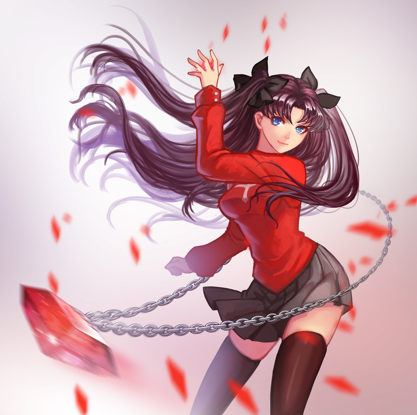 black_legwear black_ribbon blue_eyes brown_hair douyougen fate/stay_night fate_(series) gem highres jewelry long_hair looking_at_viewer motion_blur pendant revision ribbon skirt solo thighhighs toosaka_rin two_side_up very_long_hair zettai_ryouiki