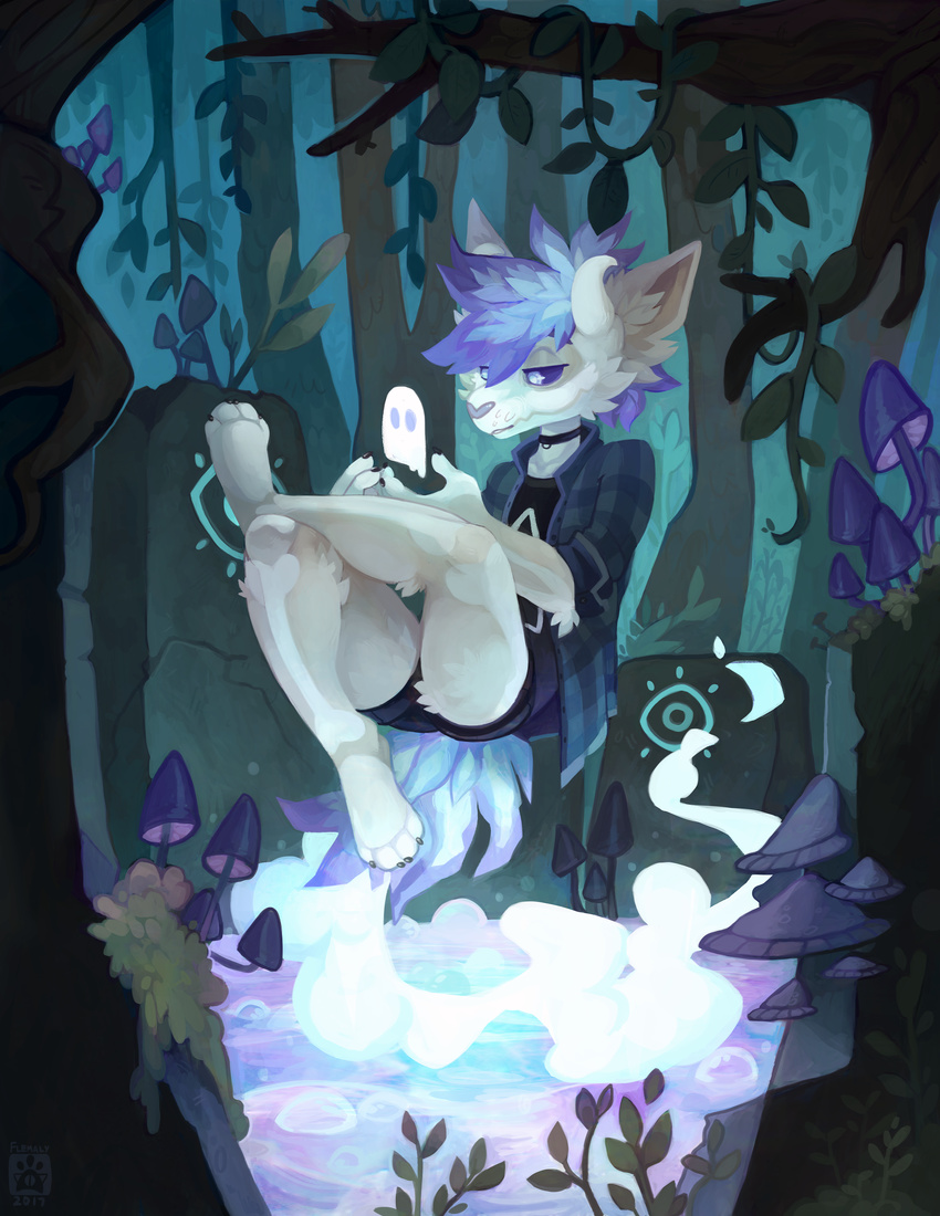 2017 4_toes anthro barefoot blue_hair cheek_tuft claws clothed clothing collar detailed_background elbow_tufts eyebrows eyelashes female flemaly floating forest full-length_portrait fully_clothed fur ghost ghoul grey_nose hair hair_over_eye horn inner_ear_fluff leaves looking_at_viewer mammal multicolored_hair mushroom one_eye_closed open_jacket outside portrait purple_eyes purple_hair rolled_up_sleeves shirt short_hair shorts signature solo spirit t-shirt tevros_(character) toe_claws toes tree tuft two_tone_hair undead vines white_fur