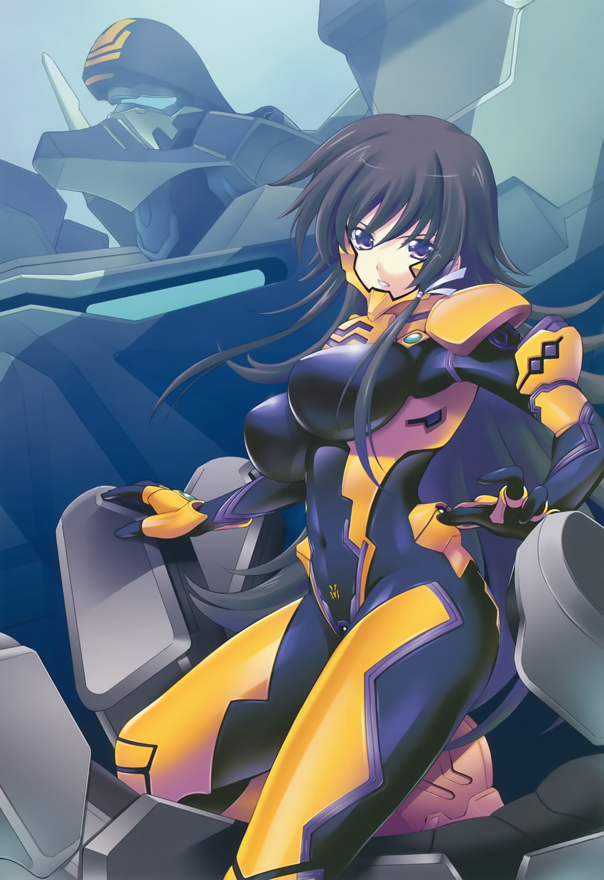 absurdres black_bodysuit black_hair bodysuit breasts covered_navel highres impossible_bodysuit impossible_clothes large_breasts long_hair looking_at_viewer mecha miyata_sou muvluv muvluv_alternative muvluv_total_eclipse official_art pilot_suit purple_eyes scan shiny shiny_clothes shiny_hair skin_tight solo takamura_yui teeth type_94_shiranui very_long_hair