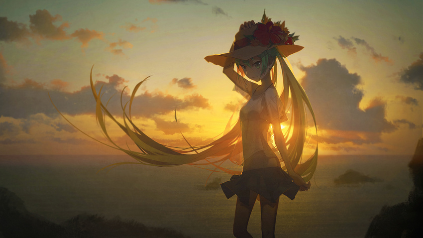 arm_at_side arm_up backlighting bikini bikini_under_clothes breasts cloud feet_out_of_frame flower from_side green_hair hand_on_headwear hat hat_flower hatsune_miku hibiscus horizon kieed long_hair looking_at_viewer lowleg_skirt miniskirt ocean outdoors pleated_skirt see-through shirt short_hair skirt sky small_breasts standing string_bikini sun_hat sunset swimsuit t-shirt twintails very_long_hair vocaloid white_shirt