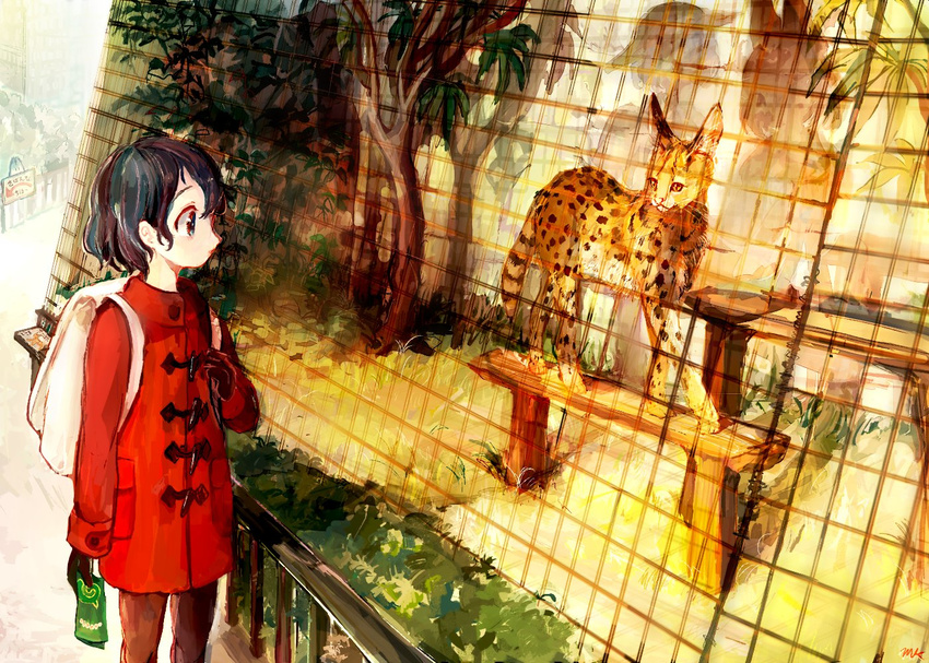 adapted_costume animal animal_ears backpack bag bench black_gloves black_hair black_legwear blue_eyes bush buttons coat contemporary duffel_coat emu_(m-cch87) eyebrows fence from_side gloves grass ground hat helmet holding holding_paper japari_symbol jpeg_artifacts kaban_(kemono_friends) kemono_friends long_sleeves looking_at_another lucky_beast_(kemono_friends) map multiple_girls no_hat no_headwear outdoors pantyhose paper pith_helmet pocket profile red_coat serval serval_(kemono_friends) serval_ears short_hair signature silhouette sketch sleeve_cuffs standing tareme tree zoo