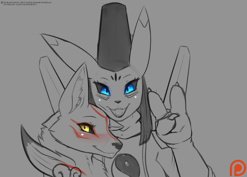 2017 amaterasu blue_eyes canine crossover deity digimon doomthewolf duo female fox looking_at_viewer mammal monochrome open_mouth open_smile patreon sketch smile spot_color taomon video_games wolf yellow_eyes ōkami