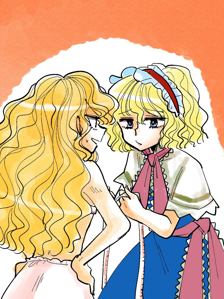 :/ alice_margatroid annoyed blonde_hair blue_dress blue_eyes bust_measuring capelet commentary dress eyebrows_visible_through_hair frilled_hairband frills hairband hands_on_hips highres jitome kirisame_marisa komaku_juushoku lolita_hairband long_hair measuring multiple_girls orange_background red_hairband sash short_hair sweatdrop tape_measure topless touhou unamused wavy_hair white_bloomers