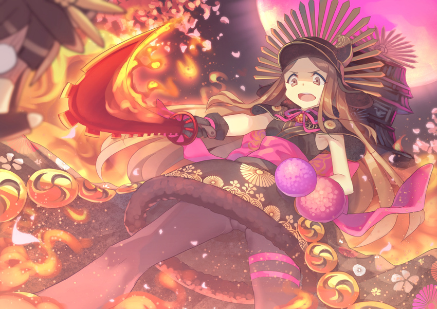 back_bow bad_id bad_pixiv_id black_capelet blurry blurry_foreground bow brown_eyes brown_hair capelet chacha_(fate/grand_order) cherry_blossoms craytm depth_of_field dutch_angle fate/grand_order fate_(series) flaming_sword food forehead from_below fruit full_moon fur_trim gold_trim hand_on_hip hat keikenchi_(style) koha-ace long_hair looking_at_viewer moon moonlight multiple_girls night night_sky obi oda_nobunaga_(fate) open_mouth orange outdoors panties panties_under_pantyhose pantyhose perspective petals pink_moon pink_sash red_sword sash sky smile solo_focus standing sword tree underwear upskirt v-shaped_eyebrows weapon