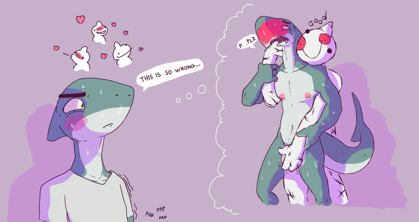 &lt;3 blush clothed clothing duo fish male male/male marine masturbation nipples nude serex shark sharky_(serex) standing sweat unknown_species