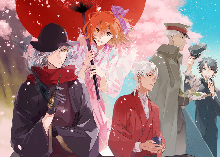 4boys alternate_costume amakusa_shirou_(fate) archer black_gloves black_hair blue_eyes blue_sky cherry_blossoms cloak cup dango dark_skin dark_skinned_male day eating edmond_dantes_(fate/grand_order) fate/apocrypha fate/grand_order fate/stay_night fate_(series) food fujimaru_ritsuka_(female) fujimaru_ritsuka_(male) gloves hair_over_one_eye hair_ribbon hakama hakama_skirt haori hat hat_removed headwear_removed holding holding_cup holding_food holding_hat holding_pipe holding_umbrella japanese_clothes meiji_schoolgirl_uniform military military_uniform multiple_boys open_mouth orange_eyes orange_hair oriental_umbrella outdoors parasol parted_lips pink_hakama pipe pointing red_scarf ribbon sakamoto_bin sanshoku_dango scarf school_uniform shirt short_hair short_ponytail side_ponytail sky smoke tree umbrella uniform wagashi white_hair white_shirt wide_sleeves yellow_eyes