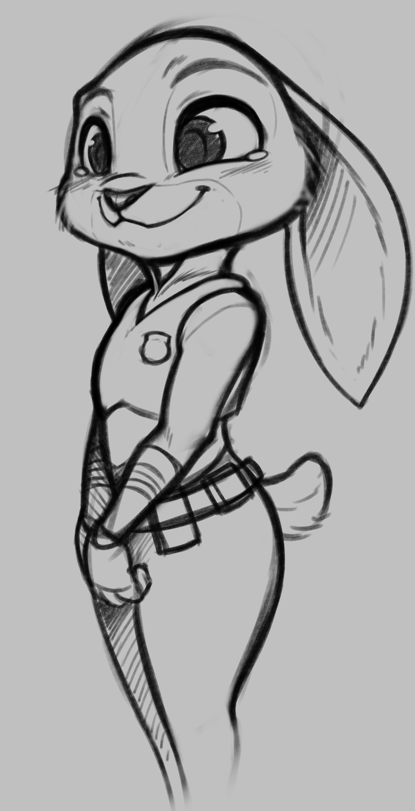 2016 anthro black_and_white blush bulletproof_vest clothed clothing disney female florecentmoo grey_background judy_hopps lagomorph mammal monochrome police_uniform rabbit simple_background smile solo tears uniform zootopia