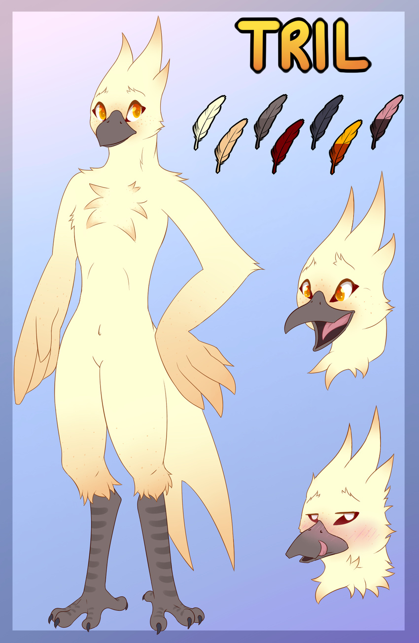 2017 amber amber_eyes anthro avian beak bird cream cream_feathers cute digital_media_(artwork) digitigrade eyeliner feathers fluffy fur girly invalid_color makeup male male/male model_sheet nude oriole smile solo standing swallowing swift talons tan_fur tongue tongue_out tril yellow_eyes