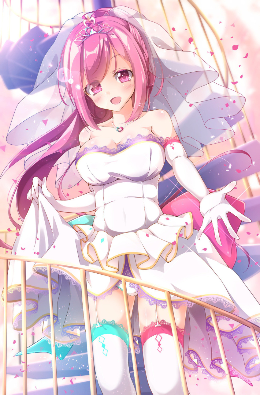 1girl absurdres ahoge breasts bridal_veil brooch cleavage dress elbow_gloves ex_takehito eyebrows eyebrows_visible_through_hair eyes_visible_through_hair garter_straps gloves heart heart_necklace highres holding_dress jewelry large_breasts long_hair looking_at_viewer mismatched_legwear open_mouth panties pantyshot pantyshot_(standing) petals pink_eyes pink_hair rasis skirt_hold sound_voltex spiral_staircase stairs standing thighhighs tiara underwear veil wedding_dress