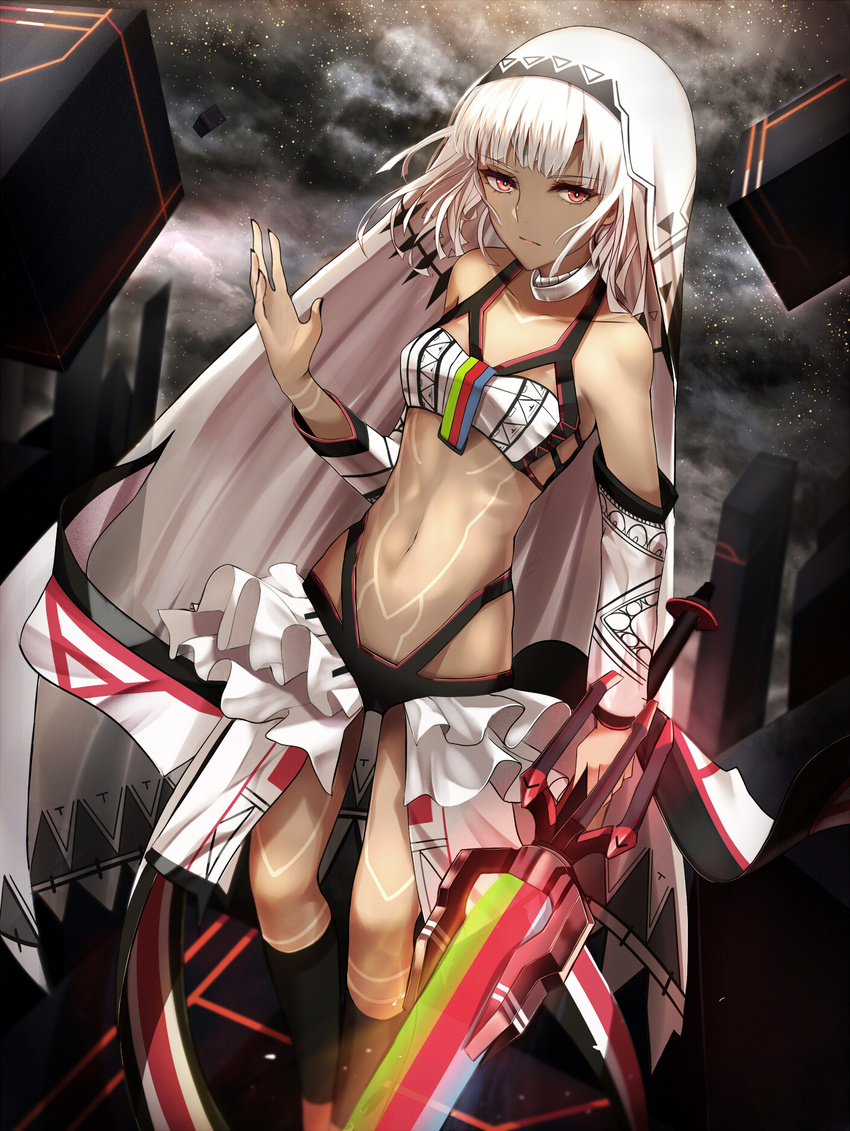 altera_(fate) bandeau bangs bare_shoulders black_nails breasts choker closed_mouth cloud collarbone contest_winner dark_clouds dark_skin detached_sleeves expressionless fate/extella fate/extra fate/grand_order fate_(series) frills highres holding holding_sword holding_weapon light_particles looking_at_viewer midriff nail_polish navel photon_ray pixiv_fate/grand_order_contest_1 red_eyes shiguru short_hair small_breasts solo standing sword tattoo veil weapon white_hair