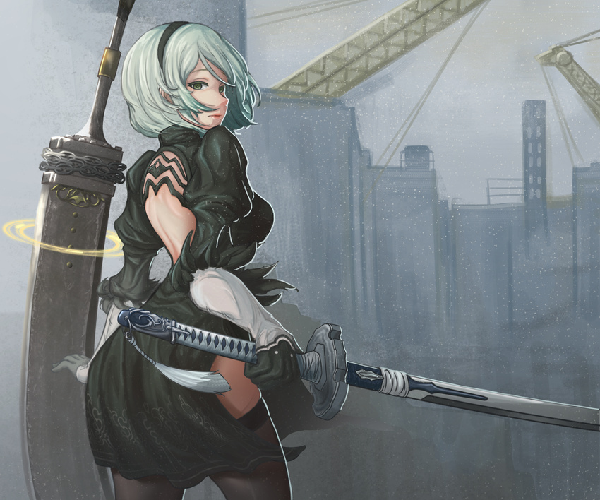 arm_at_side back back_cutout black_dress black_gloves black_hairband black_legwear black_ribbon breasts broadsword chain closed_mouth cowboy_shot crane dress feather-trimmed_sleeves feather_trim from_behind gloves greatsword green_eyes hairband highres holding holding_sword holding_weapon huge_weapon juliet_sleeves katana legs_apart lips long_sleeves looking_at_viewer looking_back maaya99 medium_breasts mole mole_under_mouth nier_(series) nier_automata no_blindfold outdoors pink_lips puffy_sleeves ribbon short_dress short_hair side_slit silver_hair small_breasts solo standing sword tassel thighhighs turtleneck vambraces weapon weapon_on_back yorha_no._2_type_b