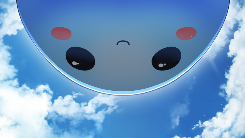 black_eyes blue blue_sky blush_stickers cloud commentary crystalline day from_below highres looking_down outdoors pango_(crystalline) shadow sky smile solid_circle_eyes sunimu upside-down