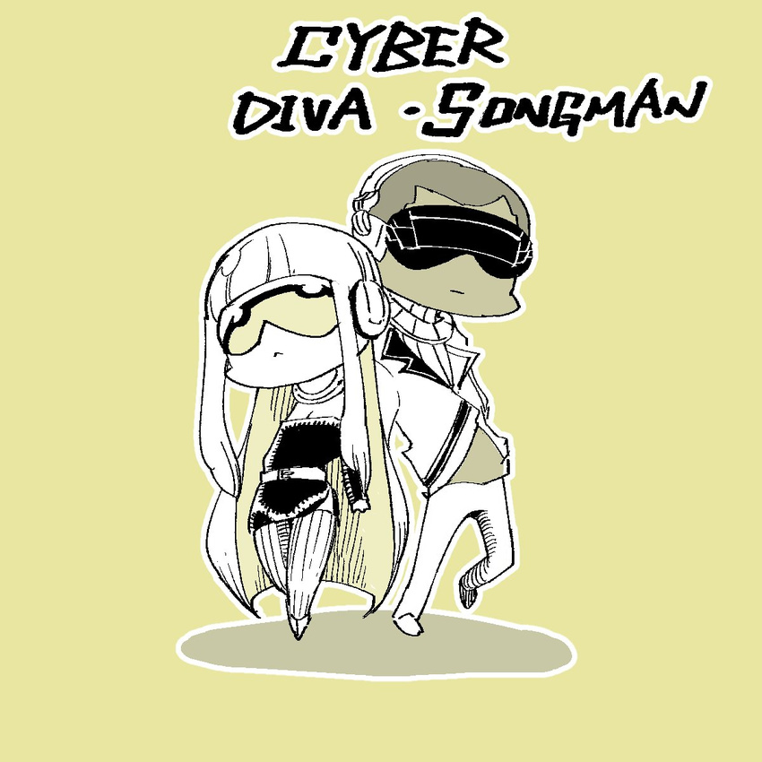 1girl back-to-back bangs blunt_bangs carlos_hakamada character_name chibi cyber_diva cyber_songman dark_skin dark_skinned_male headphones highres jacket jewelry long_hair monochrome necklace short_hair simple_background standing standing_on_one_leg sunglasses very_short_hair vocaloid yellow_background
