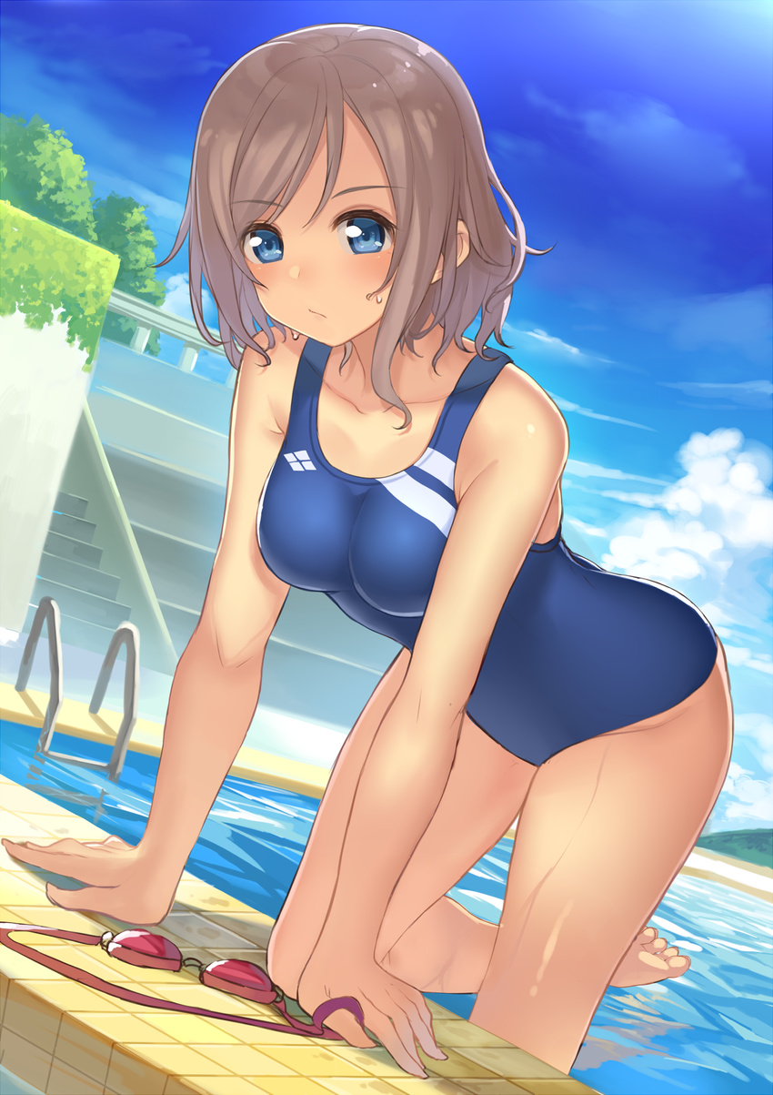 :/ all_fours arm_support bare_arms barefoot blue_eyes blue_sky blue_swimsuit breasts brown_hair cloud collarbone commentary_request competition_swimsuit day goggles goggles_removed grey_hair hajime_kaname highres looking_at_viewer love_live! love_live!_sunshine!! medium_breasts one-piece_swimsuit outdoors pool pool_ladder poolside short_hair sky solo stairs swimsuit watanabe_you water wet