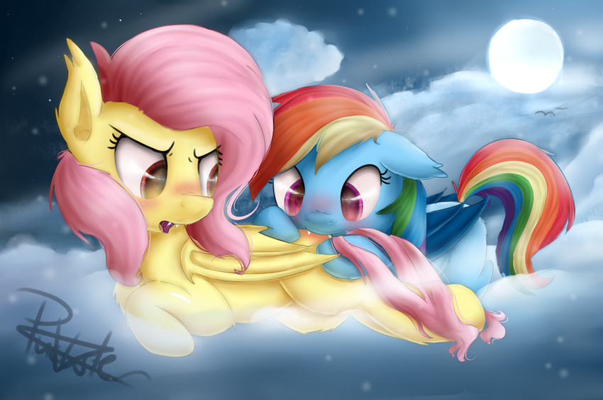 bat_pony equine eyelashes female feral flutterbat_(mlp) fluttershy_(mlp) friendship_is_magic fur hair hooves mammal membranous_wings moon multicolored_hair my_little_pony night pink_hair pucksterv rainbow_dash_(mlp) rainbow_hair wings yellow_fur